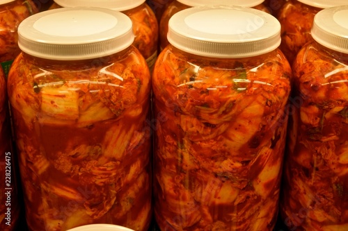 Kim Chi bottles - Korean staple food in abundance. Made of only vegetables, it is a healthy side dish.
