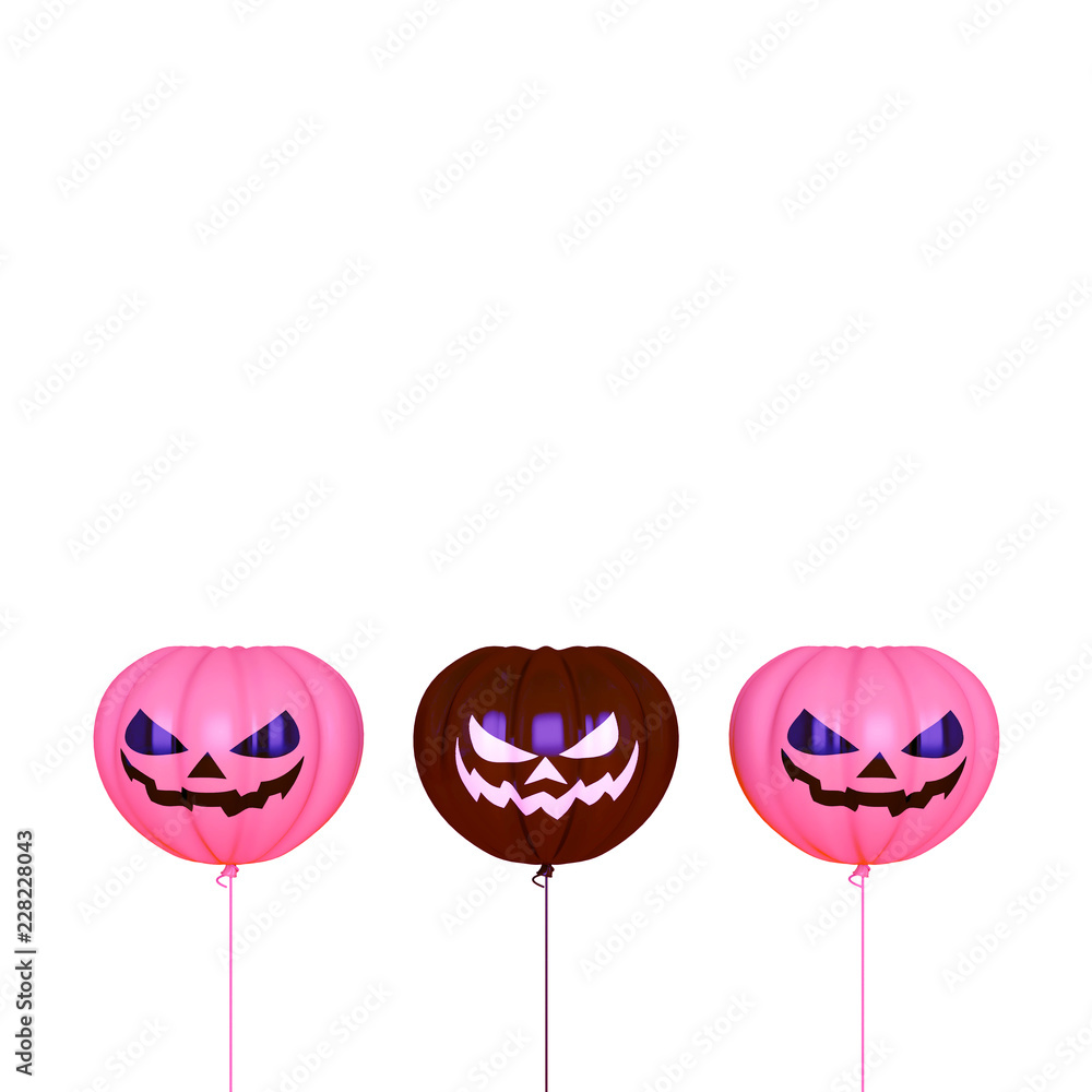 Smiling pink and black balloons pumpkin shape, Design creative concept for happy Halloween festival, isolated on white background. 3D rendering illustration.