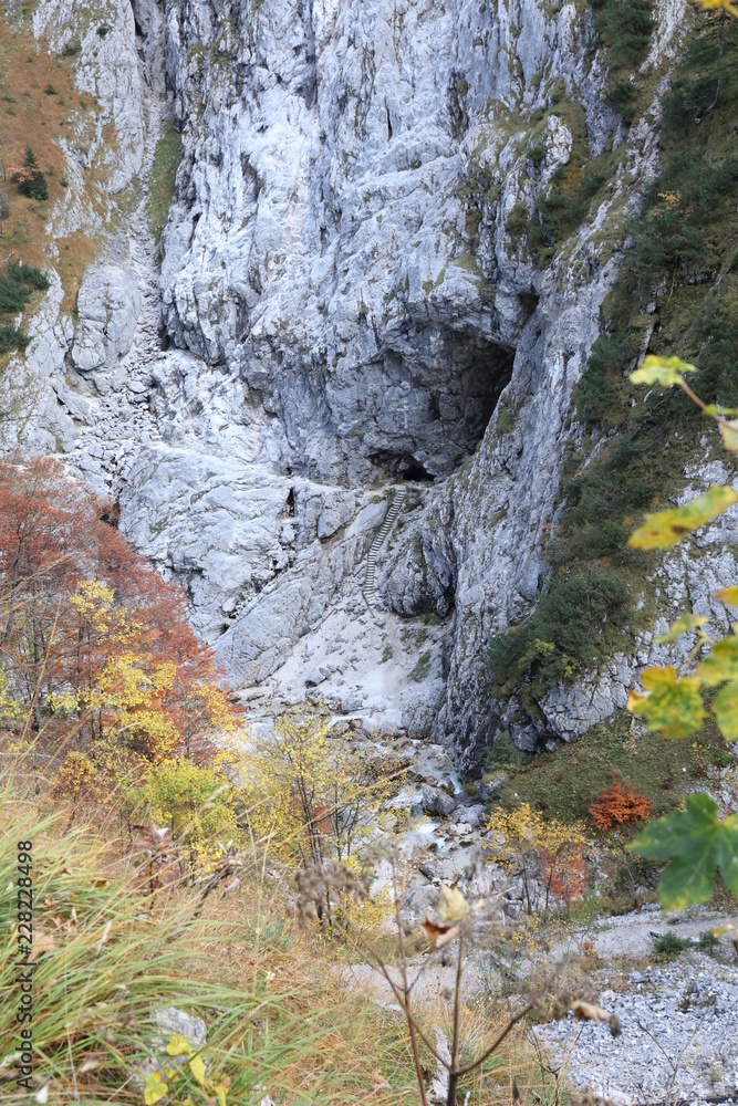 Mountain canyon with secret steps and autumn colors seen from top