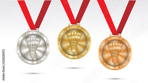 Set of badminton gold  silver and bronze medals championship vector illustration 