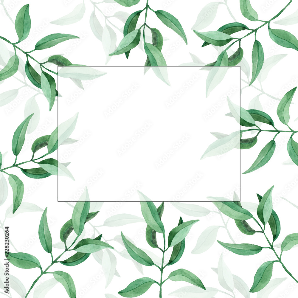 Green template with leaves. Watercolor hand drawn illustration. Green template with leaves. Watercolor hand drawn illustration.