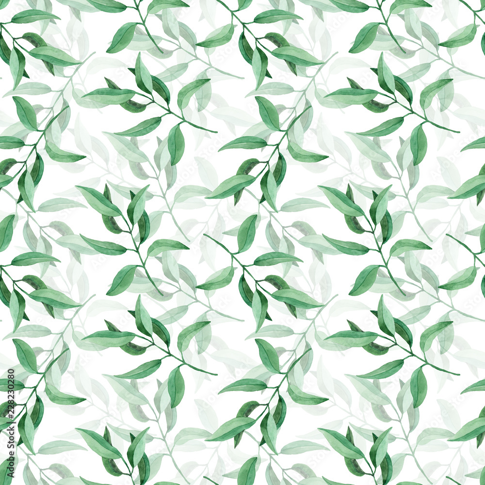 Seamless pattern with green leaves on white background. Hand drawn watercolor illustration. Seamless pattern with green leaves on white background. Hand drawn watercolor illustration.