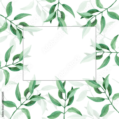 Green template with leaves. Watercolor hand drawn illustration.