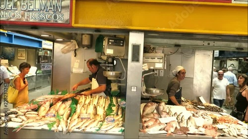 Malaga, Spain - October 5, 2018: Variety of fresh fish and shellfish on display in Malaga Atarazana Market