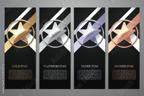 Set of black banners, Gold, platinum,silver and bronze star, Vector illustration.l