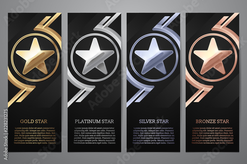 Set of black banners, Gold, platinum,silver and bronze star, Vector illustration.l