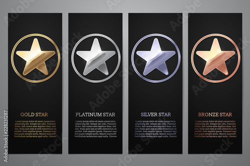 Set of black banners, Gold, platinum,silver and bronze star, Vector illustration.l