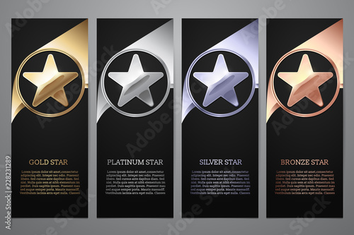 Set of black banners, Gold, platinum,silver and bronze star, Vector illustration.l