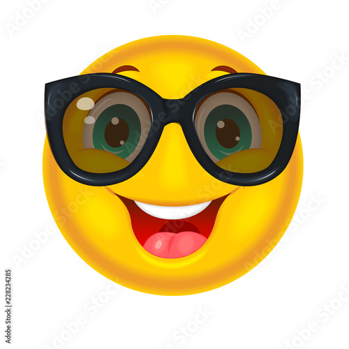 Happy smiley in sunglasses. Smiling yellow smiley in black glasses on a white background