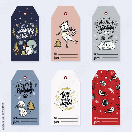 Collection holiday greeting cards in vector. Holiday gift tags. Christmas gift tags with animals