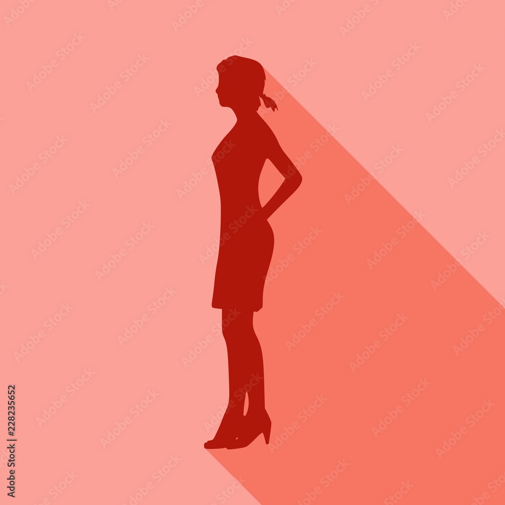 Posing business woman wearing the short dress. Web icon with long shadows for application