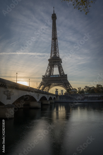 Paris, France - 10 13 2018: The Eiffel Tower from the Iena Bridge, at sunrise