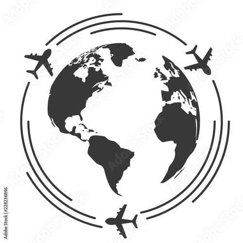 Travel icons with airplane fly around the earth