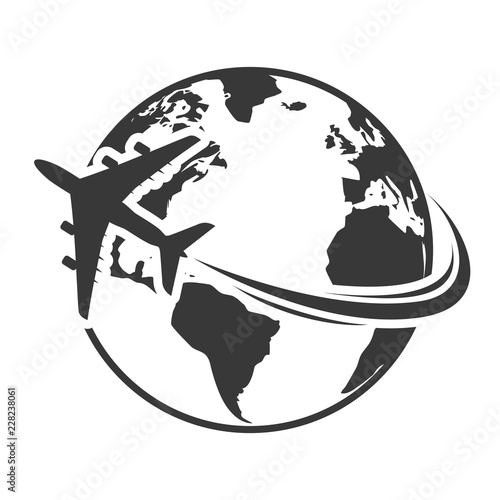 Travel icons with airplane fly around the earth