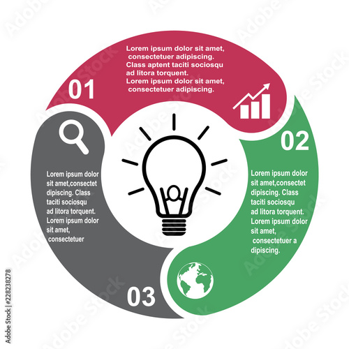 3 step vector element in three colors with labels, infographic diagram. Business concept of 3 steps or options with bulb