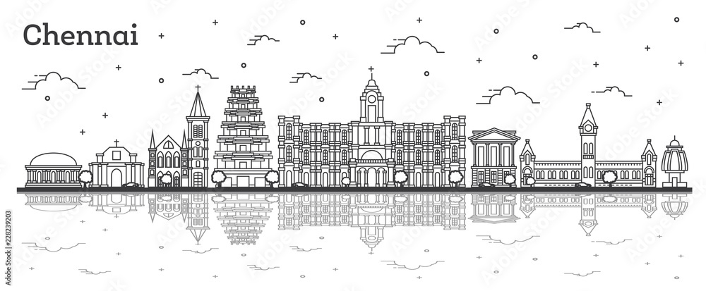 Outline Chennai India City Skyline with Historic Buildings and Reflections Isolated on White.