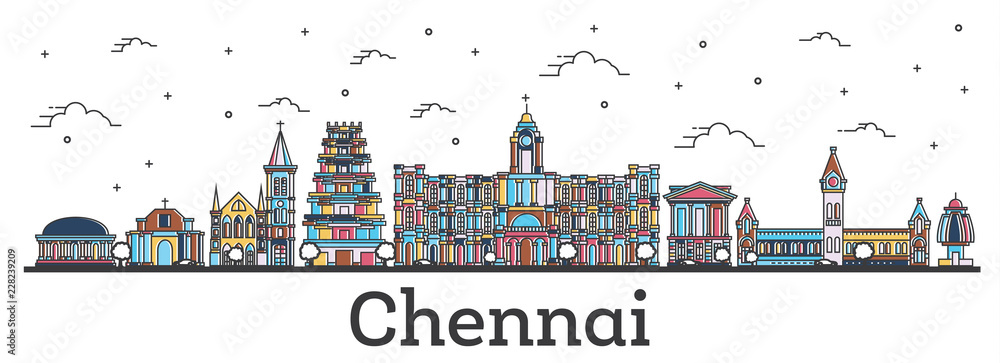 Outline Chennai India City Skyline with Color Buildings Isolated on White.