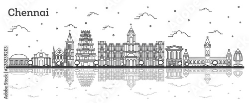 Outline Chennai India City Skyline with Historic Buildings and Reflections Isolated on White.
