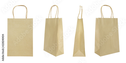 Brown Paper Shopping Bags with Handles Isolated on White Background