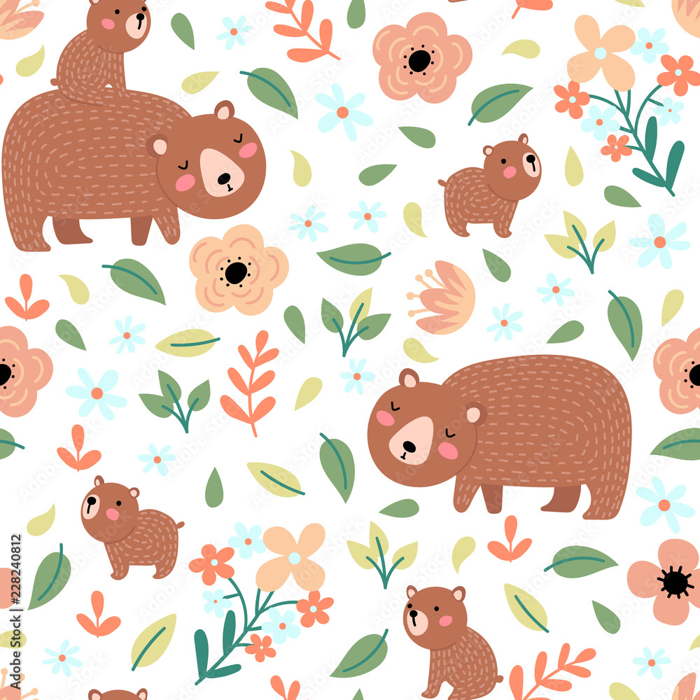 Obraz premium Seamless background with bears and flowers