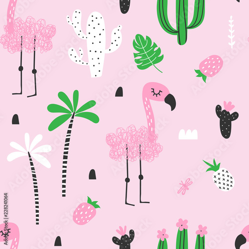 Seamless pattern with doodle flamingo