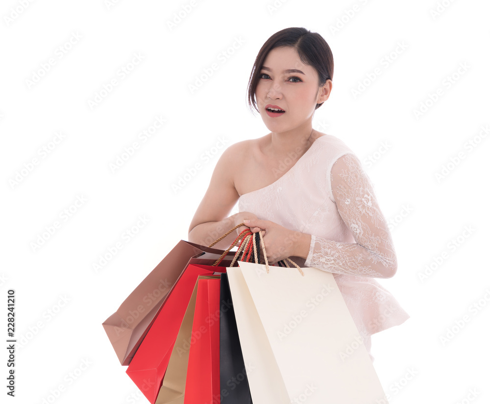 tired woman with shopping bags isolated on white background tired woman with shopping bags isolated on white background