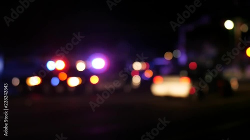 Police Car Emergency Lights Flash At Night At An Accident Scene