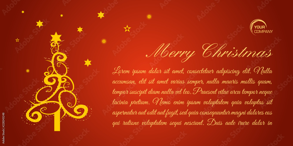 Naklejka premium Merry christmas flat vector card with gold tree on red background