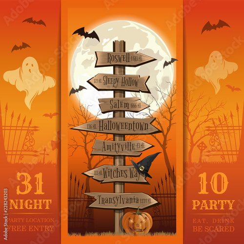 Invitation card for a Halloween night party. Eat, drink, be scared. Halloween design. Halloween vintage road sign. Vector illustration