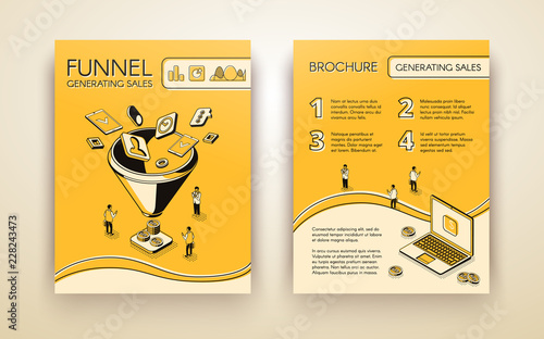 Funnel generating sales, business marketing brochure, poster or booklet isometric line art vector template or page design layout. Online sales strategy, customer behavior analytics, e-commerce flyer