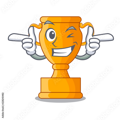 Wink cartoon trophy cup with star on cyan