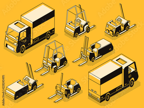 Commercial transport and hydraulic loading machines black line art, isometric vector set. Cargo lorry and various forklift, pallet trolley and fork truck models collection. Warehouse freight equipment