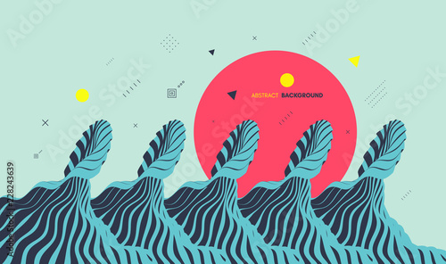 Abstract wavy background. Asian illustration of ocean waves and sun. Cover design template. Futuristic vector pattern.