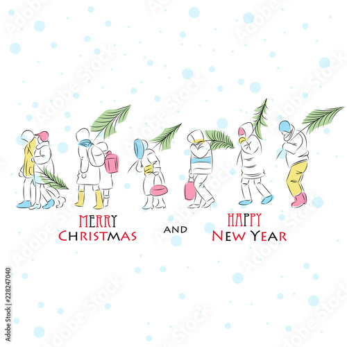 People carry Christmas trees. Crowd of people. Line drawing