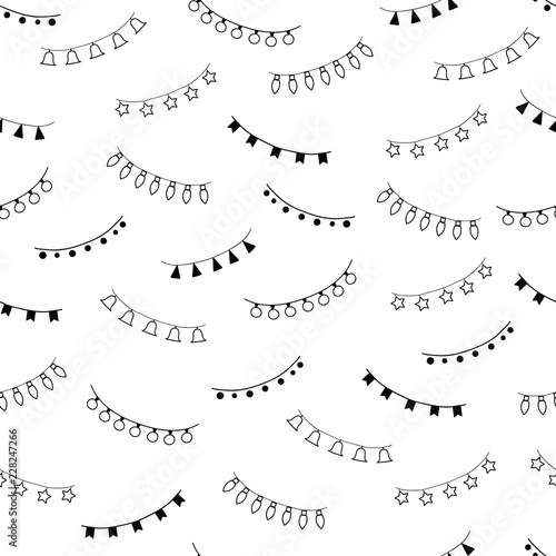 Hand drawn Merry Christmas and Happy New Year doodle seamless pattern with garlands