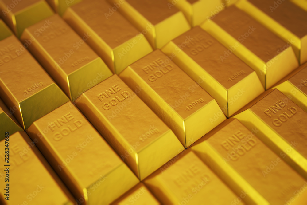 Gold bars close up. 3d rendering