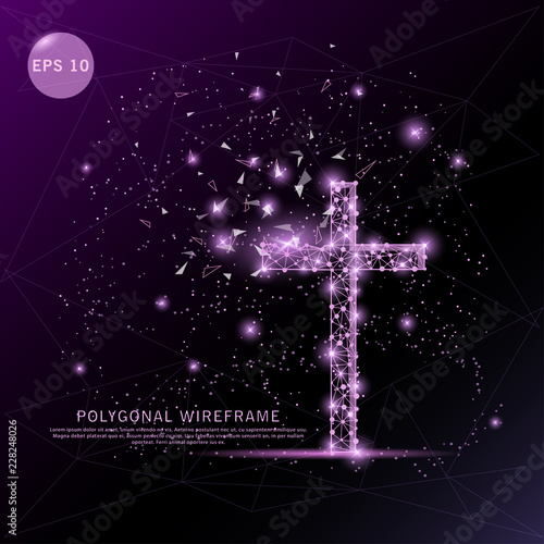 Religion cross digitally drawn futuristic low poly wire frame.