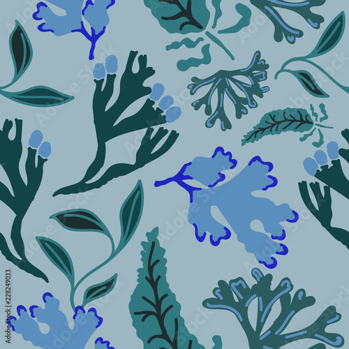 Seamless pattern with abstract seaweed. Hand drawn repeat background. Flat style illustration.