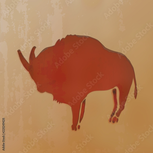 Vector Illustration - Red Clay Drawn Ox. Ancient Cave Drawings.