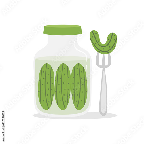 Vector cartoon illustration of pickles jar with pickle, cucumber on fork.