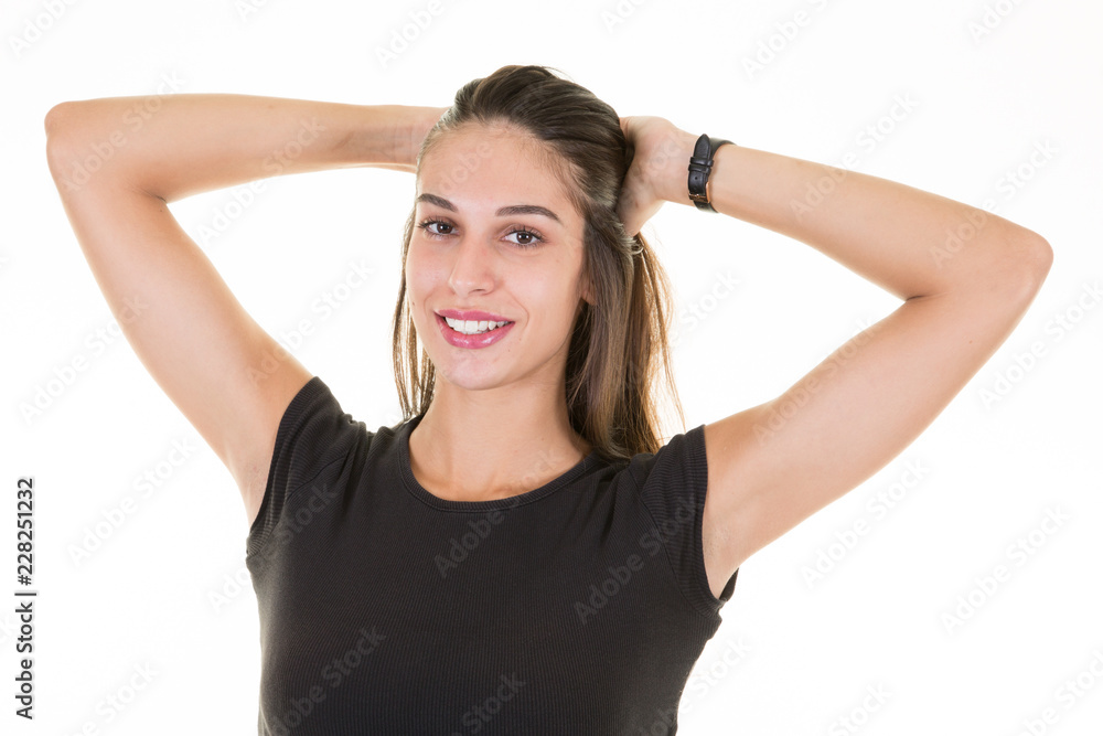 young pretty positive girl smiling looking camera in white background young pretty positive girl smiling looking camera in white background