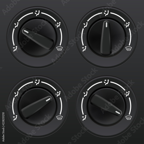 Car dashboard knob switch set. Auto air conditioner. Air flow direction selectors