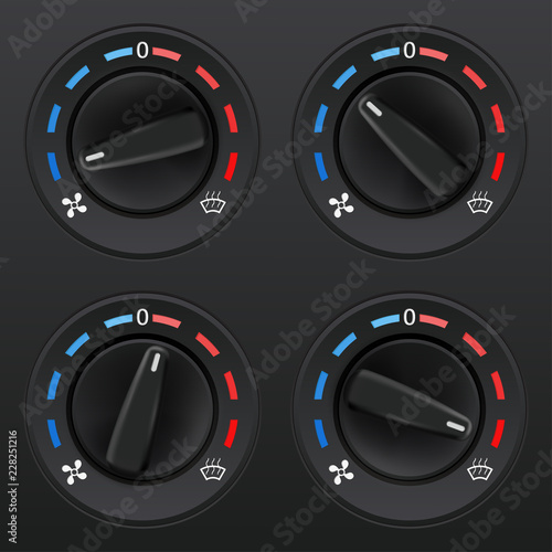 Car dashboard knob switch set. Auto air conditioner. Temperature selectors
