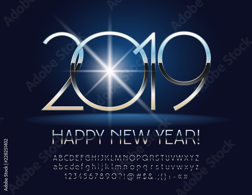 Vector Silver bright Happy New Year 2019 Greeting Card with set of Letters, Symbols and Numbers. Metallic thin Font.