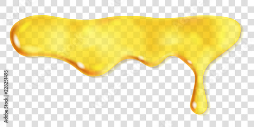 Melted honey or oil transparent drop. Vector design of isolated leaking syrup dripping. Realistic illustration of yellow liquid flowing down