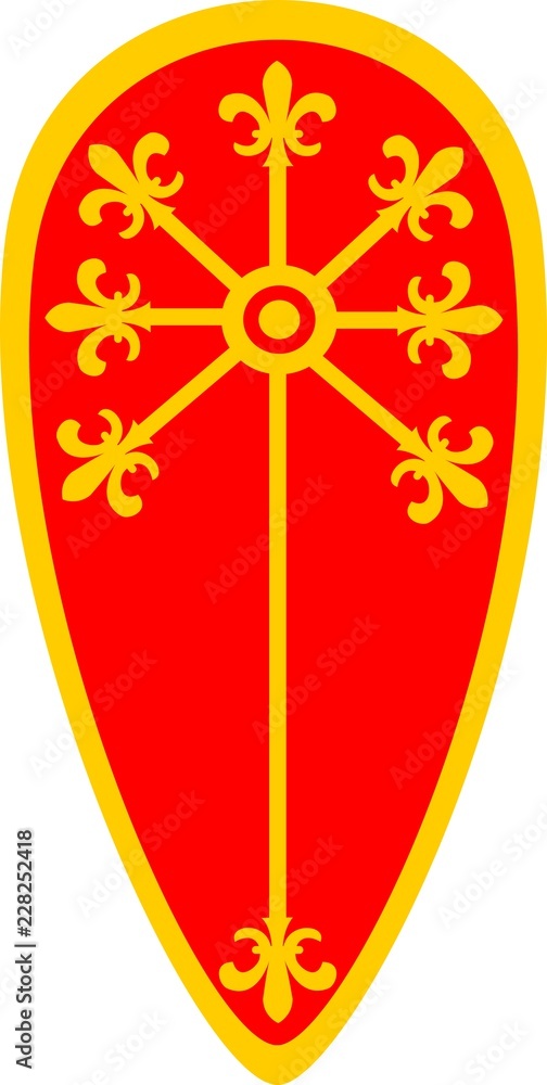 Medieval Red kite shield decorated with golden fleur de lis Medieval Red kite shield decorated with golden fleur de lis