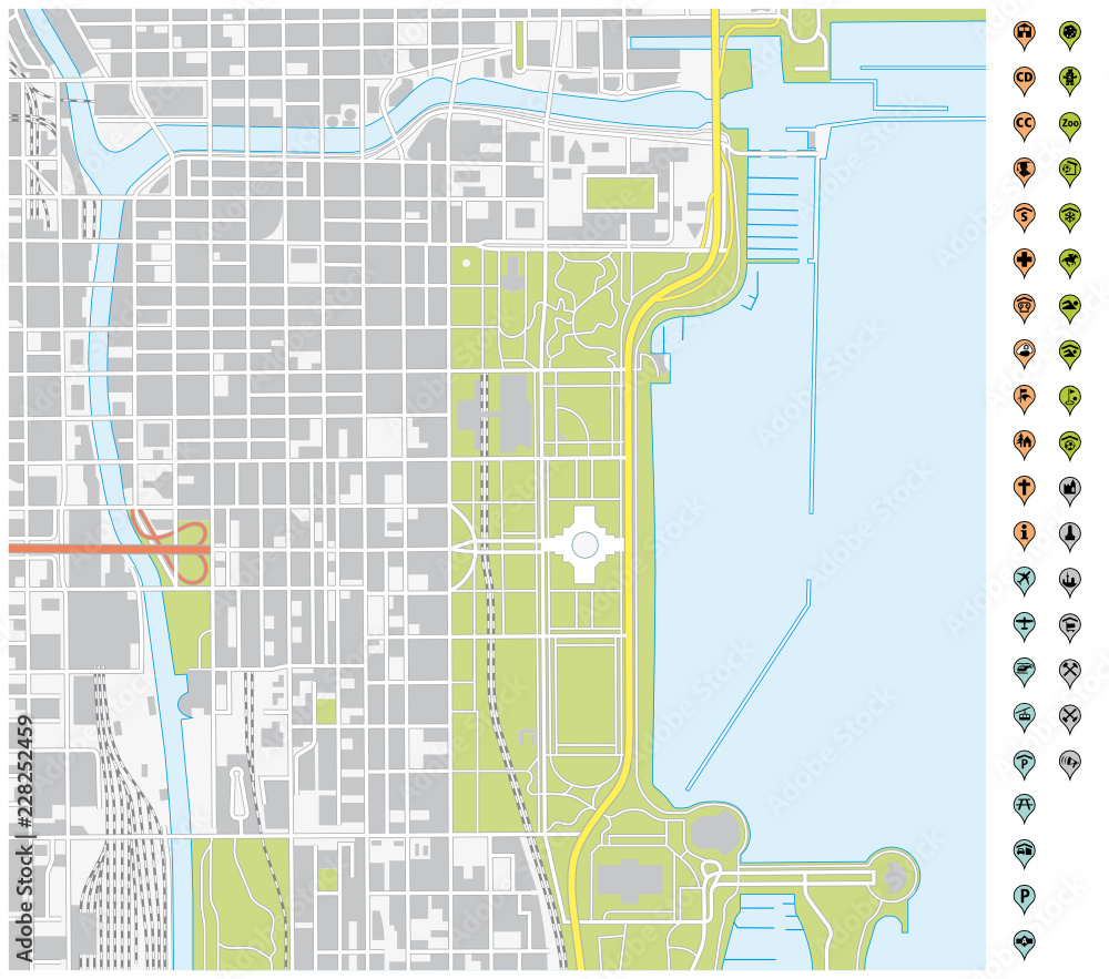 vector street map of downtown Chicago with pin pointers and infrastructure icons
