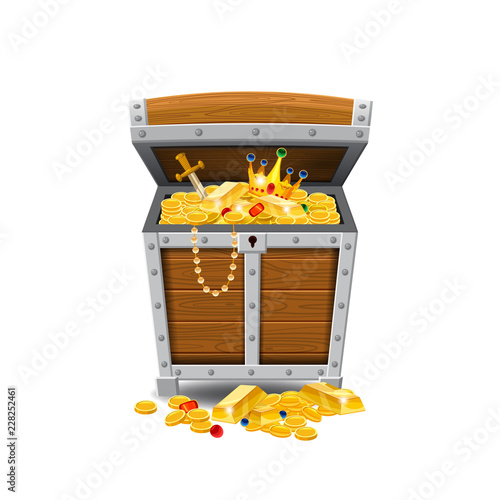 Wooden old pirate chests, full of treasures, gold coins, treasures, vector, cartoon style, illustration, isolated. For games, advertising applications