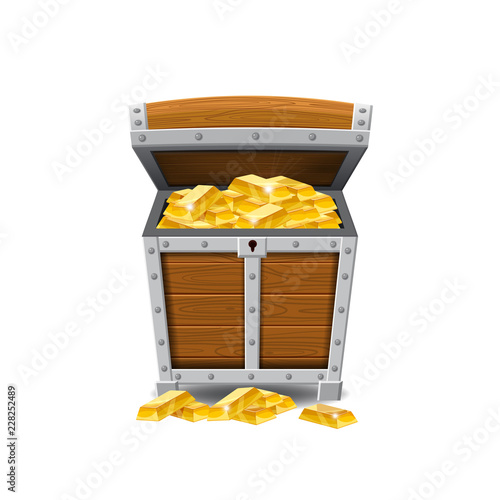 Wooden old pirate chests, full of treasures, gold bars, treasures, vector, cartoon style, illustration, isolated. For games, advertising applications