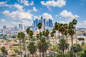 Fototapete Nordamerika Schöner bewölkter Tag der Skyline der Innenstadt von Los Angeles und Palmen im Vordergrund  © chones